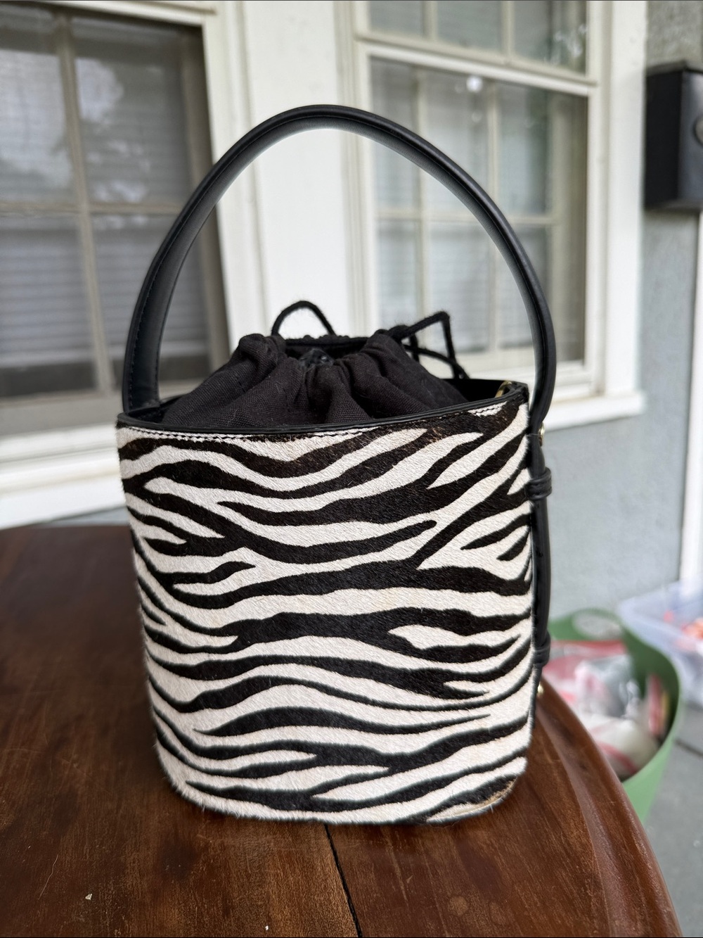Zebra Print Bucket Bag with Black Drawstring